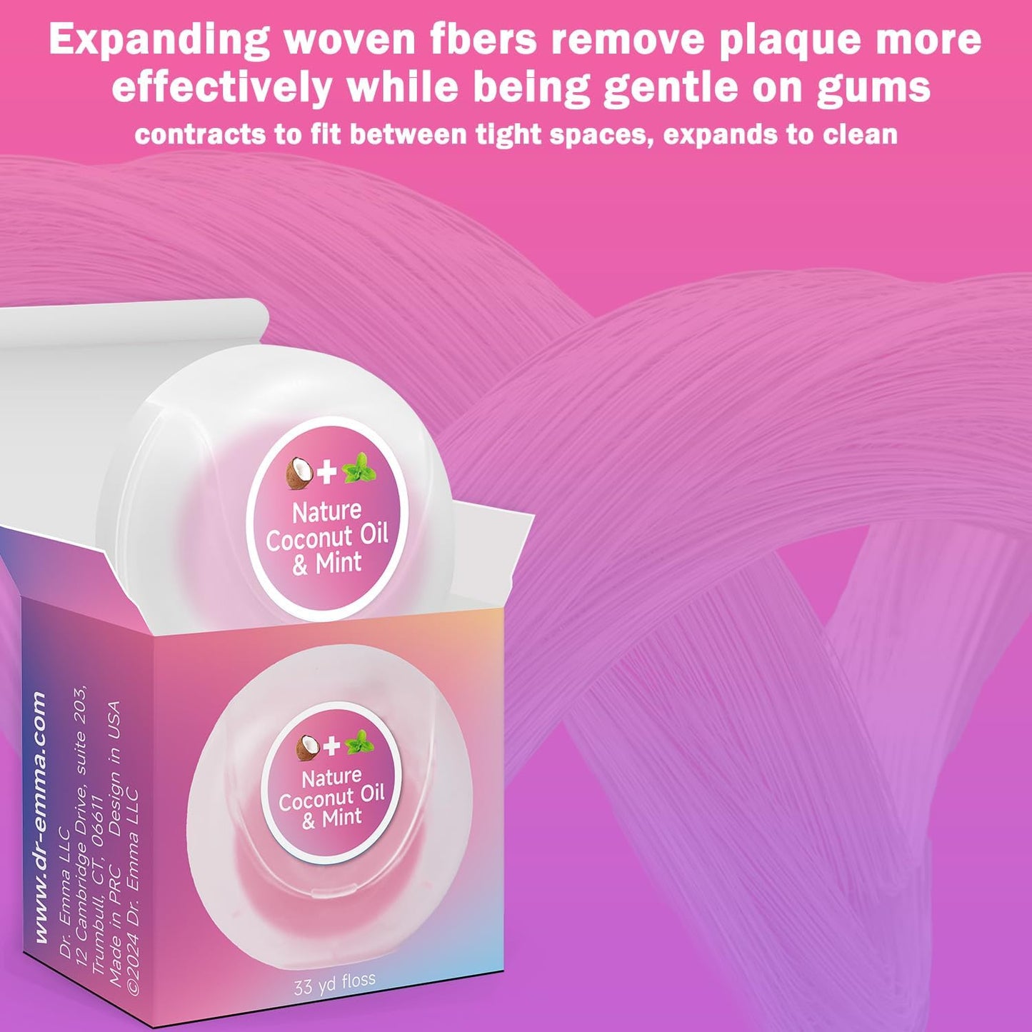 Dr. Emma Woven Dental Floss Coconut Oil Infused Expanding Dental Floss, Oral Care Stretchable Floss, Mint 33yd Pink, Pack of 4