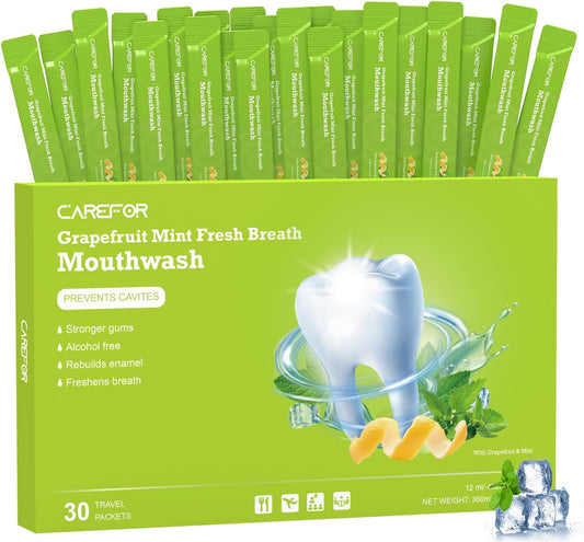Travel Size Mouthwash Packets – Individual Mini, Alcohol & Fluoride Free, Grapefruit Mint Flavor, Mouthwash to Go for On-The-Go Freshness, Bulk Packets 0.41 Fl Oz