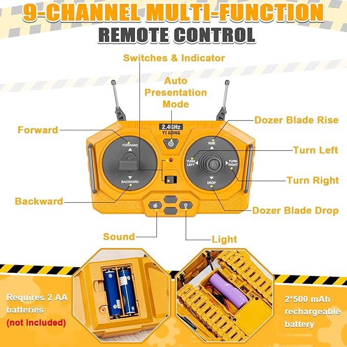 Remote Controlled Bulldozer, 9-Channel Metal RC Construction Vehicle Toy with Lights, Sound, and Rechargeable Battery, Remote Controlled Bulldozer Toy Gift for Kids Boys Girls Aged 4-12 (2.4 GHz)