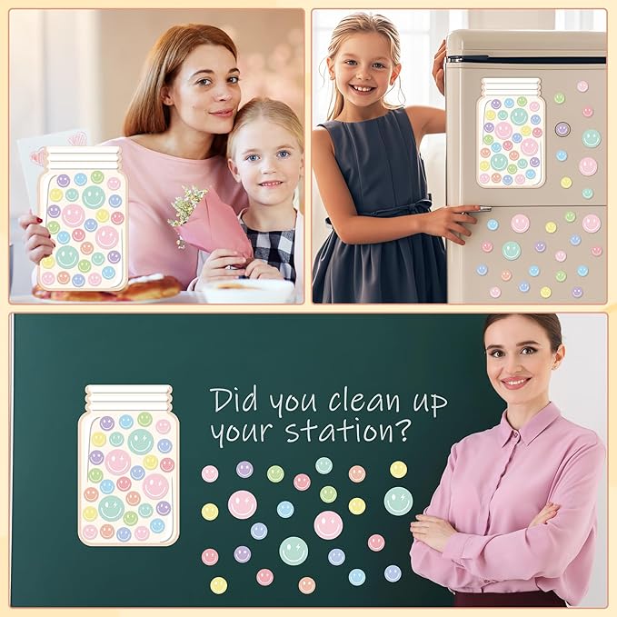 Magnetic Smile Face Reward Jar for Kids 68Pcs Pastel Smiley Faces 1 Storage Bag Reward Jars Behavior Management Classroom Tools Positive Behavior Chart for Students Teachers Back to School Supplies