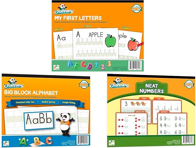 Channie's PreK Kindergarten Handwriting Visual Alphabets & Numbers Learning & Tracing Workbooks, 3 Pack - Alphabet & Numbers Preschool Workbook for Homeschool and After School
