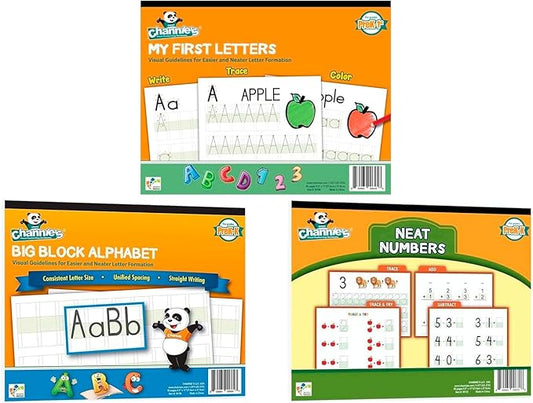 Channie's PreK Kindergarten Handwriting Visual Alphabets & Numbers Learning & Tracing Workbooks, 3 Pack - Alphabet & Numbers Preschool Workbook for Homeschool and After School