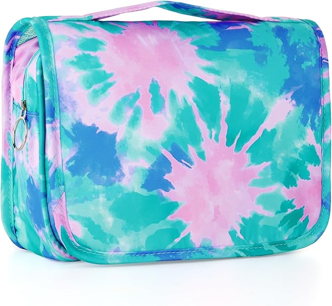 Tie Dye Hanging Toiletry Bag for Girls, Travel Toiletry Bag for Teen Girls Cosmetic Makeup Waterproof Wash Bag Traveling Toiletries, Green Teal