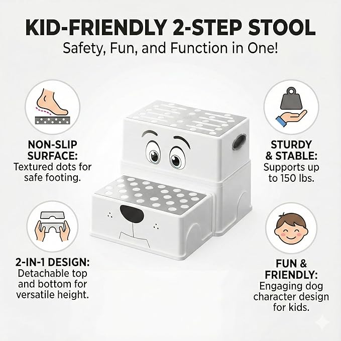 UNCLE WU 2 Step Stool for Kids & Toddlers - Anti-Slip Potty Training Stool for Bathroom Sink, Toilet & Kitchen, 150 lbs Capacity, Lightweight & Sturdy (Grey)