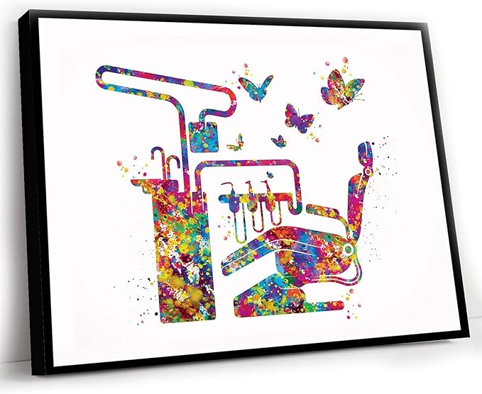 HFKSRJGW Dental Wall Art,Dentist Chair And Butterfly Watercolor Print Dental Tools Tooth Medical Art Teeth Clinic Decor Gift Dentist Dentistry Office Wall Art,12"x16"Framed Wall Art