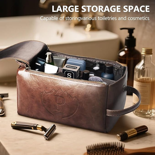 Personalized Toiletry Bag for Men,Initial Mens Toiletry Bags for Traveling,Men Travel Toiletries Bag,PU Leather Shaving Bag for Toiletries Accessories kit,Dark Brown P