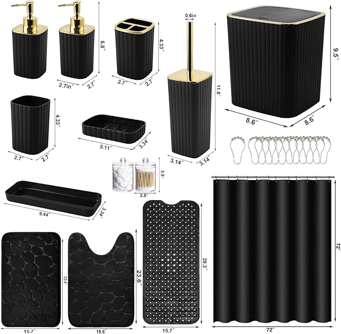 26PC Bathroom Accessories Set - Gorgeous Black Bathroom Set, Bathroom Accessory Set, Black Shower Curtain Set with Bathtub Mats for Shower Tub