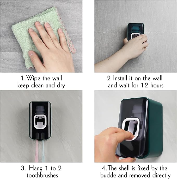 2 Slot Toothbrush Holder and Toothpaste Dispenser Wall Mounted, Automatic Toothpaste Squeezer, 2 in 1 Tooth Brush Toothpaste Organizer for Shower (Green)