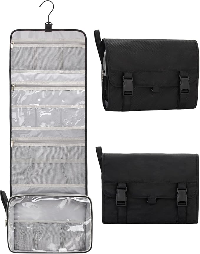 Relavel Travel Toiletry Bag for Men, Hanging Toiletry Bag for Women Makeup Cosmetic Storage Organizer Large Capacity Travel Kit Shaving Bag for Full Sized Container Black