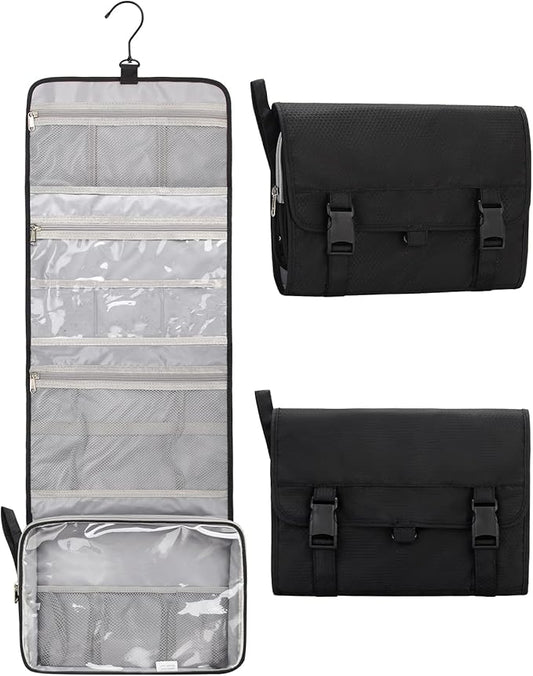Relavel Travel Toiletry Bag for Men, Hanging Toiletry Bag for Women Makeup Cosmetic Storage Organizer Large Capacity Travel Kit Shaving Bag for Full Sized Container Black