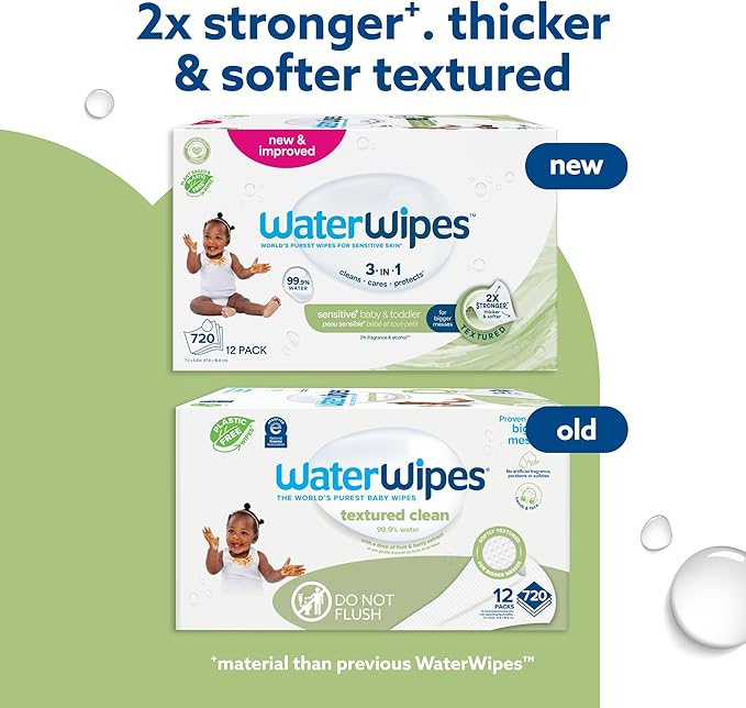 WaterWipes Sensitive+ Baby & Toddler Wipes, 3-In-1 Cleans, Cares, Protects, 99.9% Water, Textured Clean, Unscented & Hypoallergenic, 720 Count (12 Packs)
