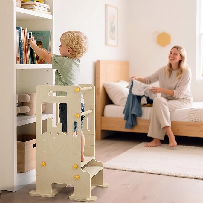 Kids Kitchen Step Stool - Learning Standing Tower with Blackboard, Height Adjustable Safety Rail Stool for Kids, Non-Slip Adjustable Stool for Kitchen, Bathroom