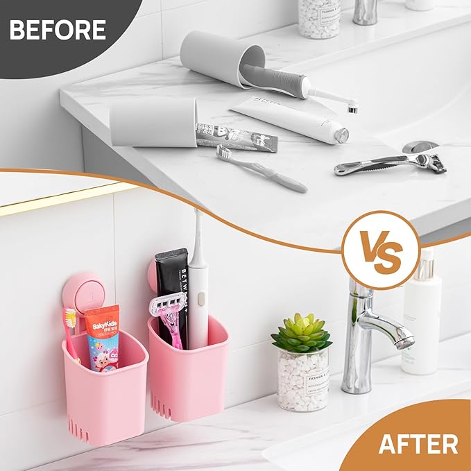 LEVERLOC Powerful Suction Toothbrush Holder 2 Pack, Removable Drill-Free Wall Shower Holder for Toothbrush, Toothpaste, Razor, Self-draining Suction Cup in Shower, Kitchen Tableware Organizer, Pink