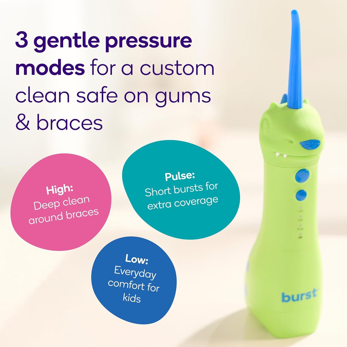 BURST Kids Water Flosser (Dinosaur) | Cordless & Rechargeable Water Flosser for Teeth | 3 Gentle Pressure Modes | Silicone Safety Tip | Braces-Friendly | Fun, Kid-Safe Design | 155mL Water Tank