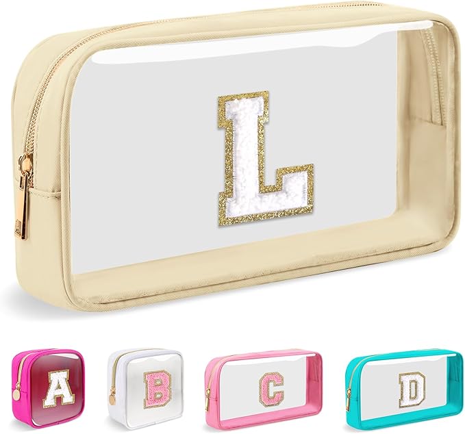 Small Clear Personalized Initial Makeup Bag,Nylon Preppy A-Z Chenille Letter Patch Cosmetic Pouch Beach Toiletry Bag,Waterproof Zipper Travel Purse Storage Bag Organizer for Women Girls(Beige-White L)