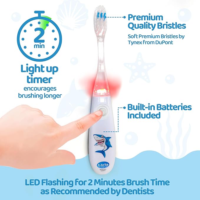 Lily's Home Kids Flashing Timer Toothbrush kids with Soft Bristles, Rising Cup & Cover - Fun 2-Min Light-Up Brushing for Children - Toddler Soft Toothbrush Kit (shark)