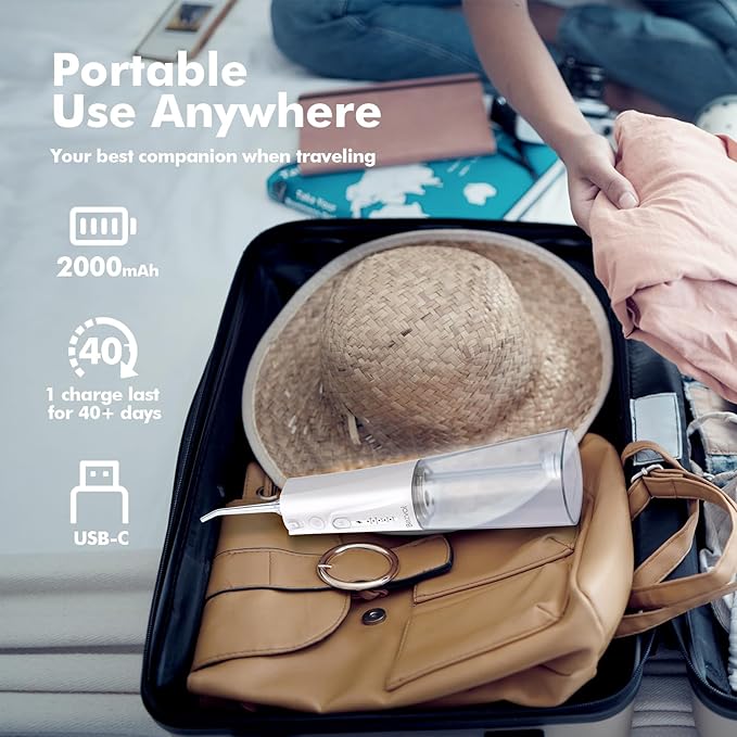 Water Flosser Teeth Pick: 5 Modes Cordless Water Dental Floss 300ML Portable Rechargeable IPX7 Waterproof Electric Water Flossing Cleaning Picks with 6 Jet Tips Oral Irrigator Cleaner, White