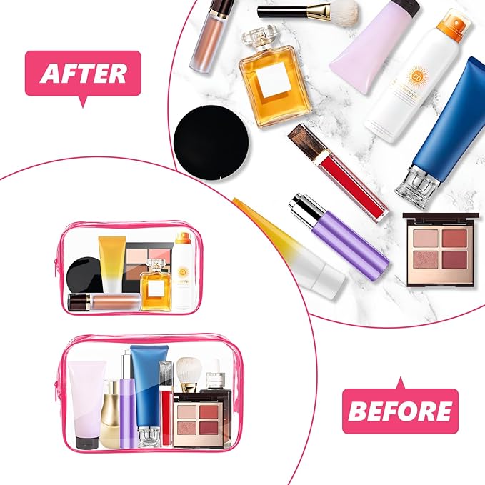 AURUZA Clear Makeup Bag,Portable Travel Toiletry Bags with Zipper, TSA Approved Clear Organizer Bags, PVC Cosmetic Pouch for Airport Airline Compliant
