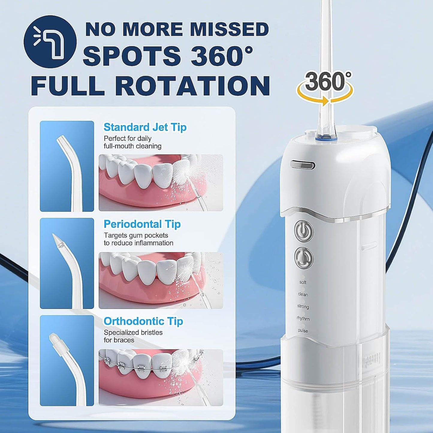 Mini Cordless Water Flosser for Travel, Portable Electric Dental Oral Irrigator for Smile Teeth Braces with 5 Cleaning Modes Rechargeable, Includes 4 Jet Tips & Storage Bag
