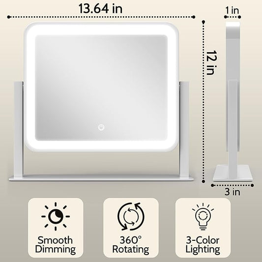14"x12"Vanity Mirror, Lighted Makeup Mirror for Vanity Desk, Smart Touch Control, 360° Rotation, 3-Color Modes, Bedroom, White