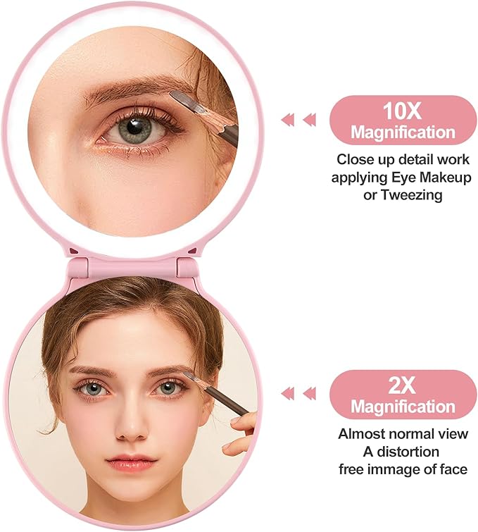 Compact Makeup Mirror with Lights - 3.5" Portable, 2-Sided, Lightweight & Shatterproof, Folding Magnifying Mirror 2X/10X, for Women