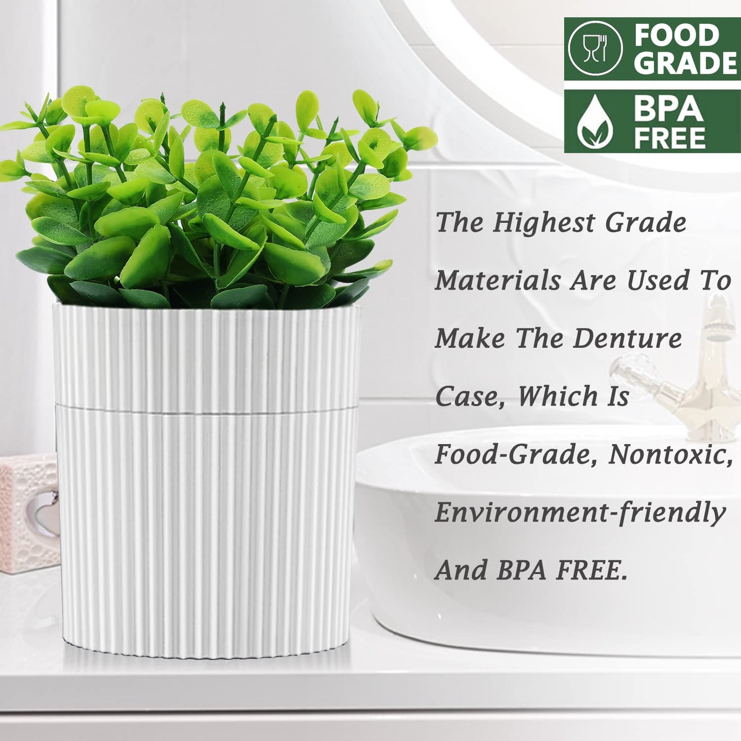 Denture Bath, Invisible Denture Case Designed As Artificial Eucalyptus Potted Plants, Denture Cup With Strainer For Retainer, Mouth Guard & Dentures, Perfect For Home Decoration…