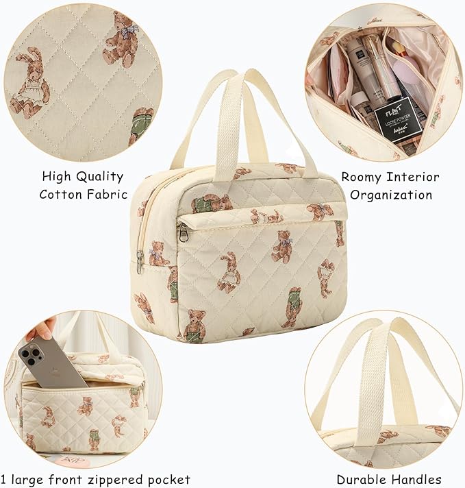 Large Size Quilted Coquette Makeup Bag, Cute Preppy Floral Cotton Travel Cosmetic Organizer Bag with Top Handle, Multi-Layer Travel Toiletry Pouch for Girls (04Bear)