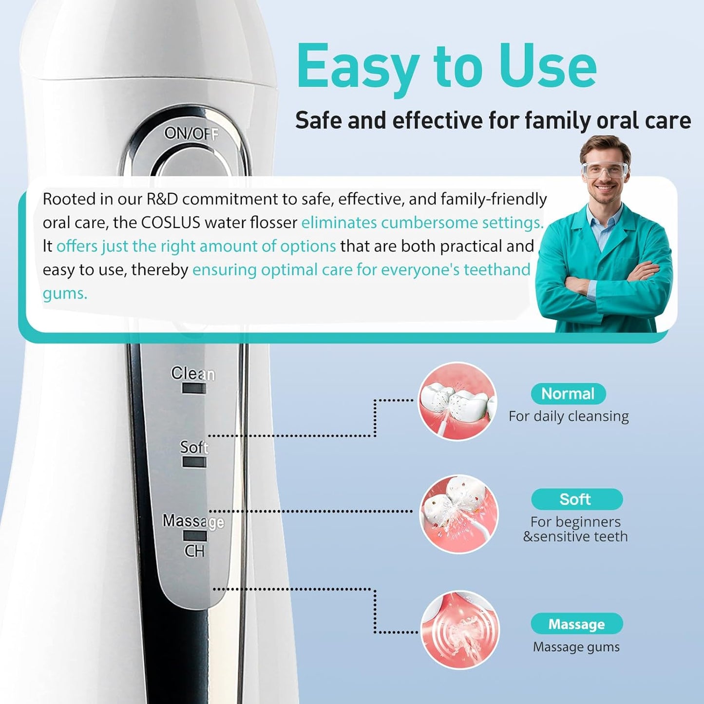 COSLUS Water Dental Flosser Teeth Pick: Portable Cordless Oral Irrigator 300ML Rechargeable Travel Irrigation Cleaner IPX7 Waterproof Electric Flossing Machine for Teeth Cleaning C20(F5020E) White