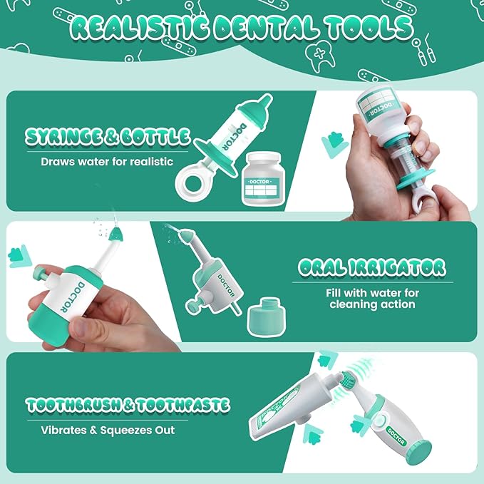 Toy Doctor Kit for Toddlers, Kids Dentist Play Set with Dentist Chair, Doll Toy, Stethoscope, Large Carrying Storage Bag, Dental Accessories, Pretend Doctor Play Medical Gift for Boys Girls(Green)