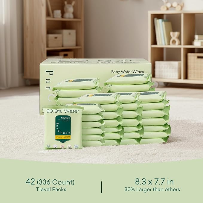 PurComfy Baby Wipes Unscented, 42 Travel Pack 99.9% Water Wipes with Plant Based, Hypoallergenic for Sensitive Newborn Skin, Total 336 Count Wet Wipes