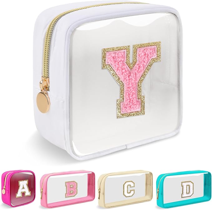 Iqimott Mini Clear Personalized Initial Makeup Bag, Small Preppy A-Z Chenille Letter Patch Cosmetic Pouch, Transparent PVC & Nylon Waterproof Zip Beach Toiletry Bag,Gift for Women Girls(White-Pink Y)