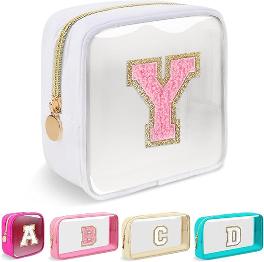 Iqimott Mini Clear Personalized Initial Makeup Bag, Small Preppy A-Z Chenille Letter Patch Cosmetic Pouch, Transparent PVC & Nylon Waterproof Zip Beach Toiletry Bag,Gift for Women Girls(White-Pink Y)