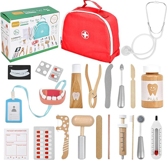 Doctor Kit for Kids, Dentist Pretend Play Educational Doctor Toy Set, 25Pcs Wooden Medical Kit with Stethoscope & Bag & Pretend Teeth & Doctor Toys, Role Play Toys for Girls and Boys 3-8 Years Old
