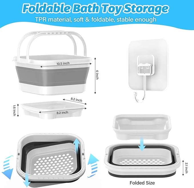 Anivia Foldable-Bath-Toy-Storage-Organizer, Bath Toy Holder with Base, Quick-Drain-Drying Bathtub Toy Storage/Basket, Stand Up Bathroom Shower Toys Holder for Kids - Gray