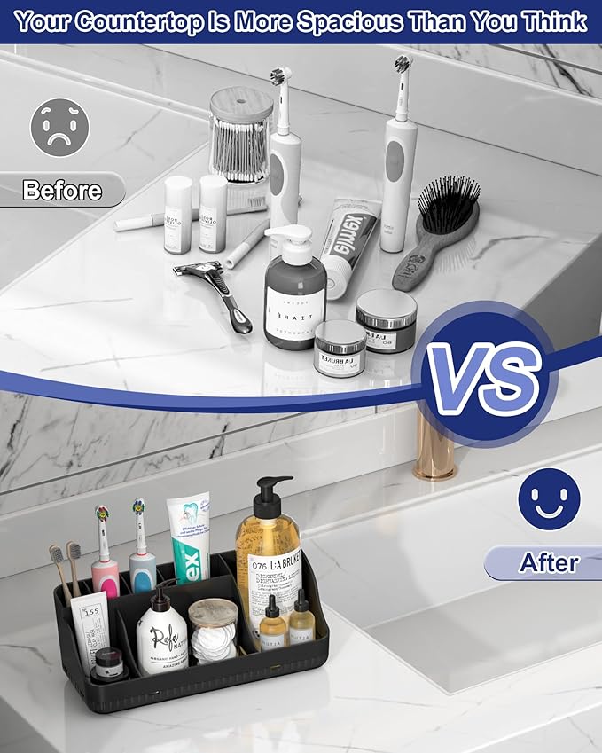 Bathroom Counter Organizer and Storage, 7 Slots Detachable Toothbrush Holders for Bathrooms, Anti-Slip Electric Toothbrush and Toothpaste Holder Countertop Vanity Organizer Accessories for Adults Kids