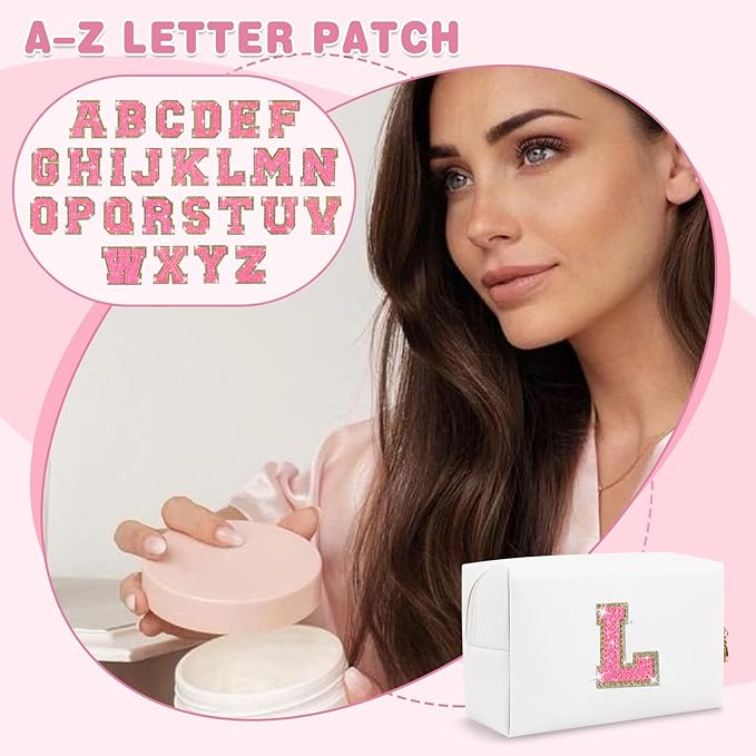 Small Personalized Initial A-Z Patch Makeup Bag,White Cute PU Leather Glitter Letter Cosmetic Bag for Teen Girls,Travel Toiletry Bag with Zipper,Preppy Monogrammed Birthday Gift for Daughter Niece L