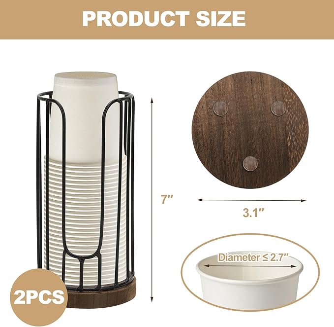 Heightened Rural Style Bathroom Cup Dispenser, 2 Pack Small Disposable Paper Cup Holder, 3oz Disposable Mouthwash Cup Storage Rack, Iron Bathroom