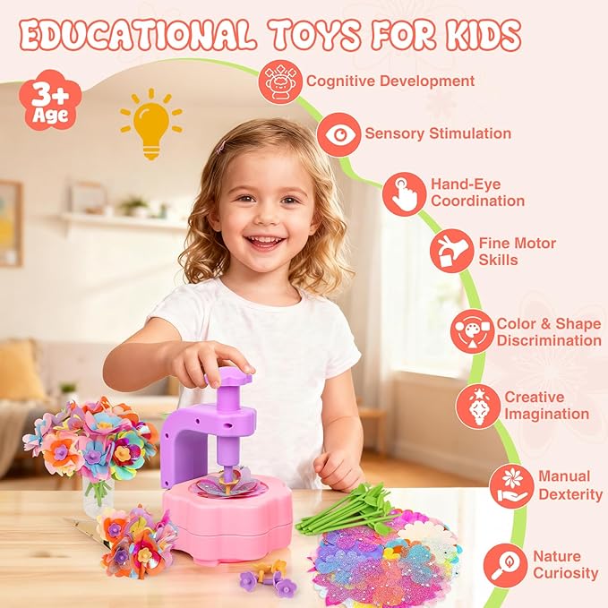 Fabric Flower Bouquets Toys, Arts and Crafts Activity Kit for Kids Ages 3-12, DIY Flower Craft Kits for Toddler, Educational Activity Preschool Birthday Gifts for 3 4 5 6 7 8 9 10+ Year Old Girls