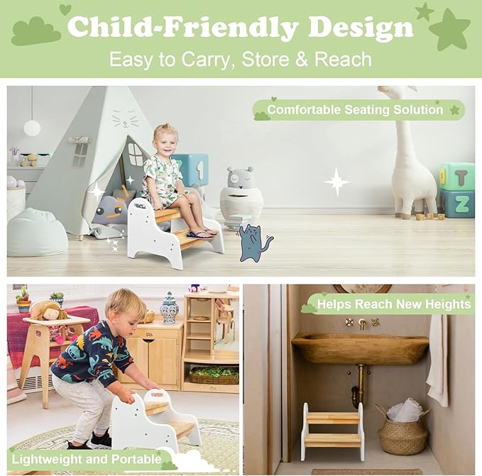 StrongTek Kids 2 Step Stool, Rubber Wood Step for Children, Safe & Sturdy, Ideal for Bathroom, Kitchen, Home Use, Durable, Non-Slip, Child Safety, Foot Stool, Toddler Step Stool, Easy to Clean