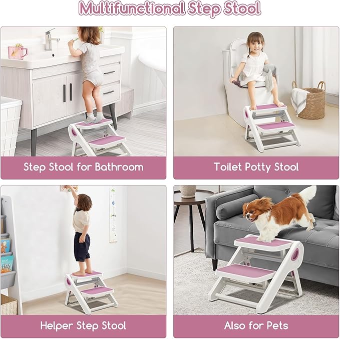 Foldable Toddler Step Stool for Bathroom Sink - 2-Step Kids Stool for Potty Training, Kitchen Counter & Bedroom, Sturdy Non-Slip Child Safety Stool Helper