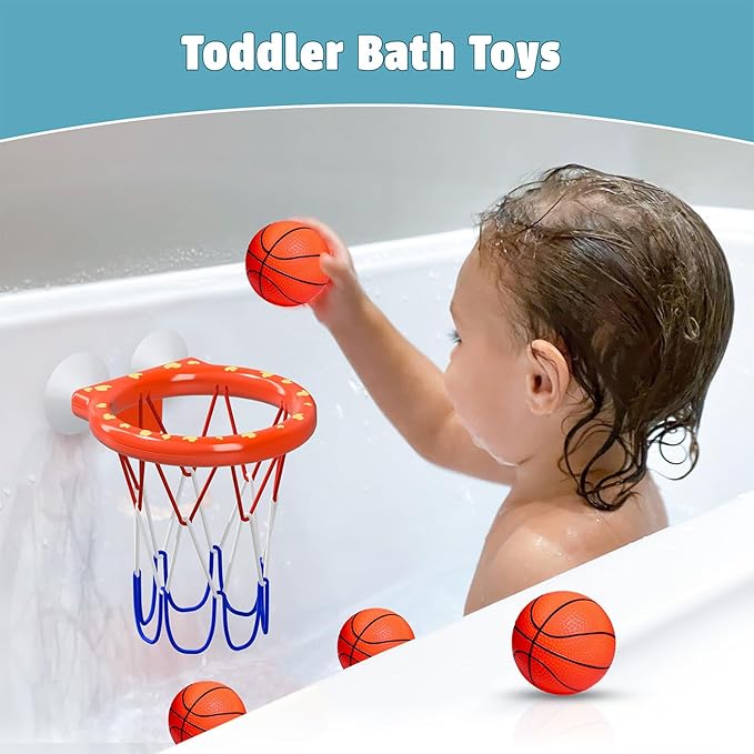 Bath Toys, Bathtub Basketball Hoop for Toddlers Kids, Boys and Girls with 4 Soft Balls, Mold Free & Strong Suction Cup, Bathtub Shooting Game & Fun Toddlers Bath Toys for Boys or Girls