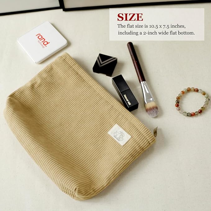 HAPPYHEIDI Creamy White Corduroy Makeup Bag Cosmetic Toiletry Travel Pouch, Make Up Accessory Purse Organizer, Canvas Lined
