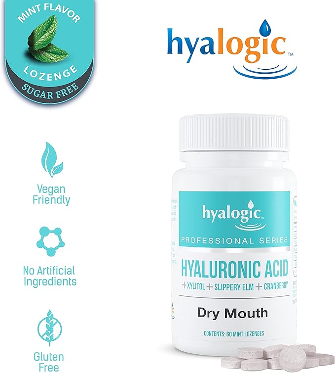 Hyalogic Oral Care Dry Mouth Mints - Hyaluronic Acid HA & Xylitol Lozenges for Hydration - Natural Mint Breath Freshener, Sugar-Free & Vegan Friendly (60 ct)