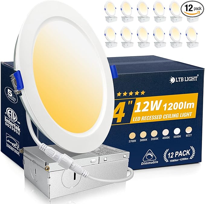 12 Pack 4 inch Recessed Lighting, Ultra-Thin LED Canless Recessed Lighting, Retrofit Dimmable Recessed Lights, 2700K/3000K/3500K/4000K/5000K Selectable,1200LM 12W - ETL & Energy Star Certified