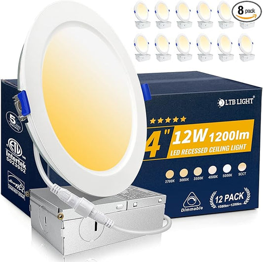 12 Pack Recessed Lighting 4 inch, 4000K Ultra-Thin LED Canless Recessed Lighting, Retrofit Dimmable Recessed Lights, 1200LM 12W=150W Wafer Lights - ETL & Energy Star Certified