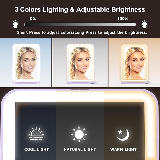 LED Foldable Travel Makeup Mirror - 5x7 inches3 Colors Light Modes USB Rechargeable Touch Screen, Portable Tabletop Cosmetic Mirror for Travel, Cosmetic, Office (Violet)