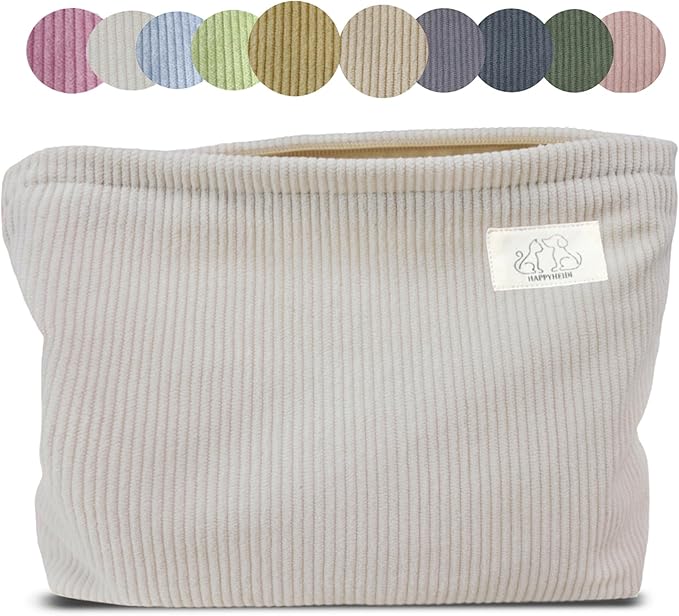 HAPPYHEIDI Creamy White Corduroy Makeup Bag Cosmetic Toiletry Travel Pouch, Make Up Accessory Purse Organizer, Canvas Lined