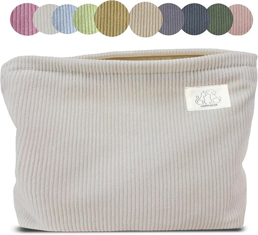 HAPPYHEIDI Creamy White Corduroy Makeup Bag Cosmetic Toiletry Travel Pouch, Make Up Accessory Purse Organizer, Canvas Lined