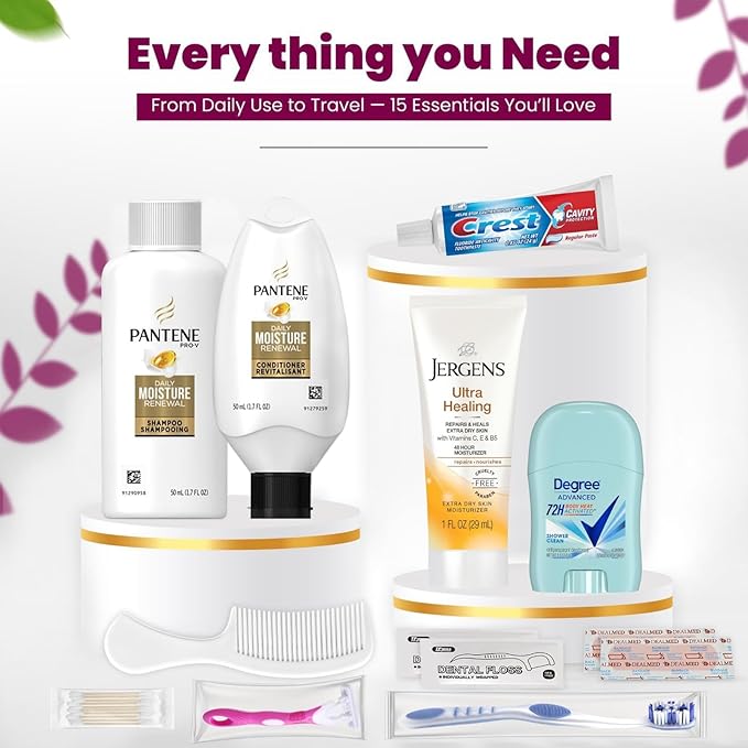Trektote Bulk Hygiene Kit For Women – (5 Pack) 15 Piece Set – Featuring Top Trusted Brands, TSA Compliant, Bulk Travel Essentials, Includes Shampoo And Conditioner, Body Wash, Toiletry Bag & More