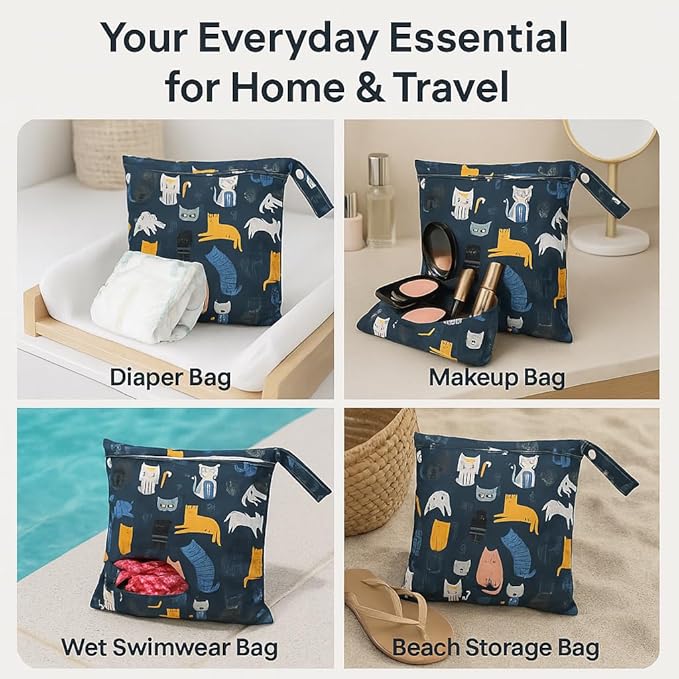 Waterproof Wet Dry Bag, Reusable Diaper Pouch with Zipper, Machine Washable Travel Organizer for Beach, Daycare, Kids, Dinosaur Pattern (Blue Cat)